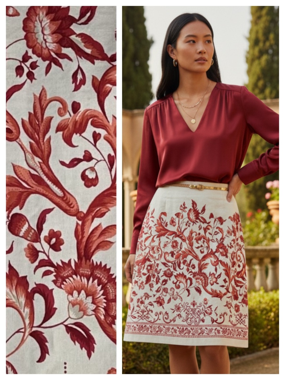 Talbots Pencil Skirt Sz 12 Large Floral Ivory Red Romantic Career Cottage